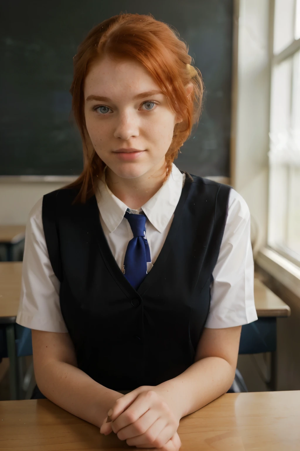 there is a woman sitting at a table in a classroom, teenage female schoolgirl, portrait of high school girl, girl wearing uniform, realistic schoolgirl, wearing headmistress uniform, a redheaded young woman, hyperrealistic schoolgirl, full subject shown in photo, cute schoolgirl, a hyperrealistic schoolgirl, red haired young woman, redhead woman, wearing school uniform