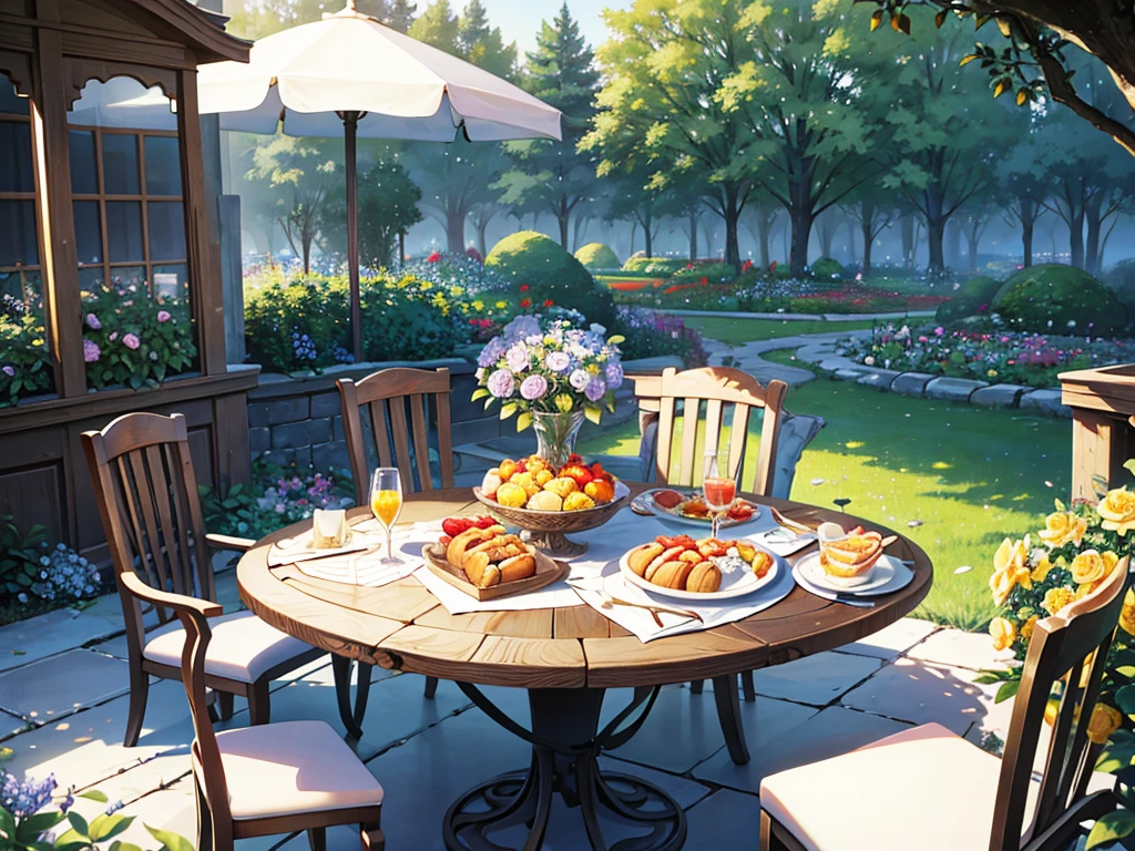 absurdres, tangle, concept art, scenery, no humans, wide shot, breakfast scene in the royal garden, breakfast perfectly arranged on a rectangular long table, six luxury chairs, baskets of freshly baked pastries, cutlery, scrambled eggs, well-cooked bacon, tomato and lettuce salad, fruit Assortment, glass cup, tablecloth, vase, morning sun, trees, flower garden, brook