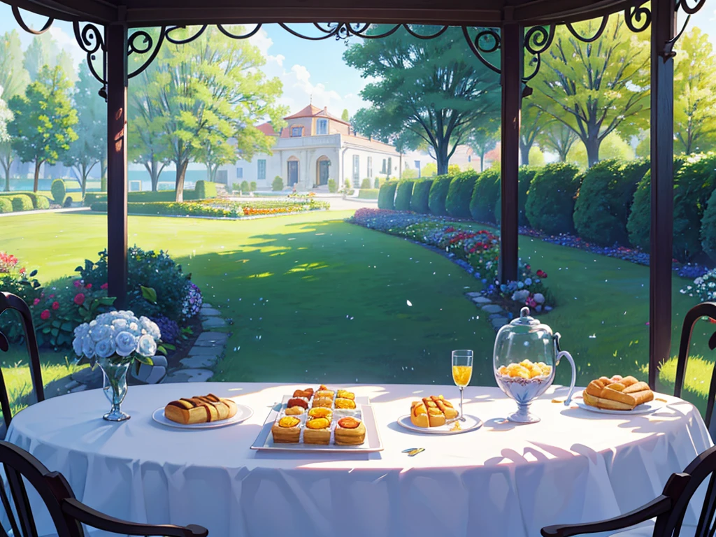 absurdres, tangle, concept art, scenery, no humans, wide shot, breakfast scene in the royal garden, breakfast perfectly arranged on a rectangular long table, six luxury chairs, baskets of freshly baked pastries, cutlery, scrambled eggs, well-cooked bacon, tomato and lettuce salad, fruit Assortment, glass cup, tablecloth, vase, morning sun, trees, flower garden, brook
