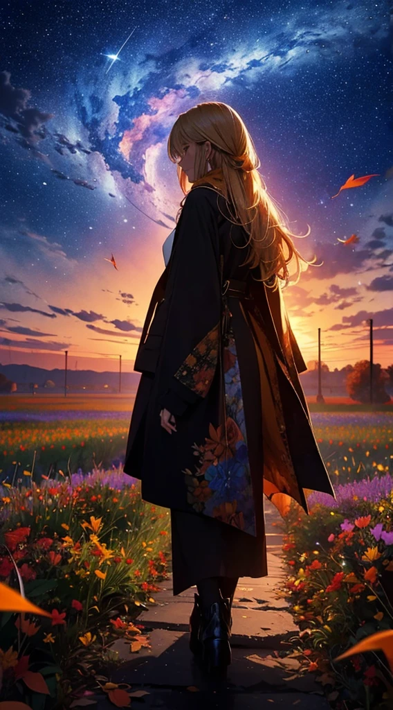 １people々々々々々々々々々々々々々,Blonde long-haired woman，Long coat， Dress Silhouette， Rear View，Space Sky, Flower Field，Colorful flowers，autumn，autumn leaves，
