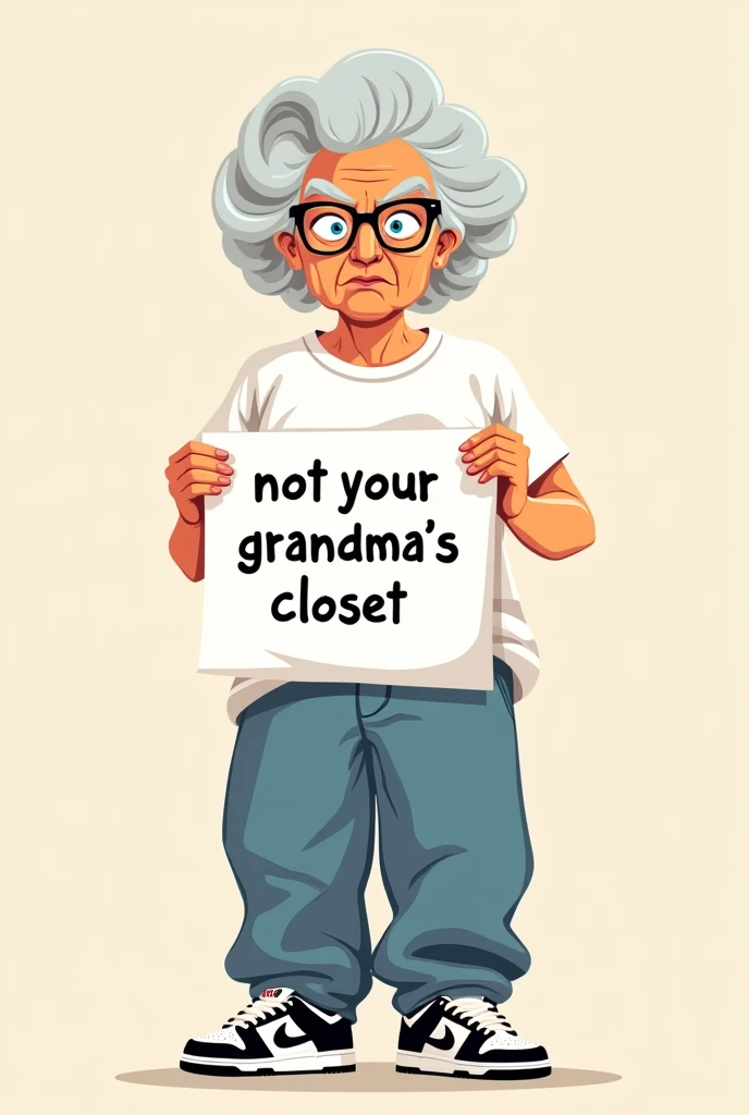 Cartoon logo of a serious looking grandmother wearing loose plain white tshirt, loose jeans, and a nike dunk sb lowcut shoes while holding a white paper that says “Not Your Grandma’s Closet”