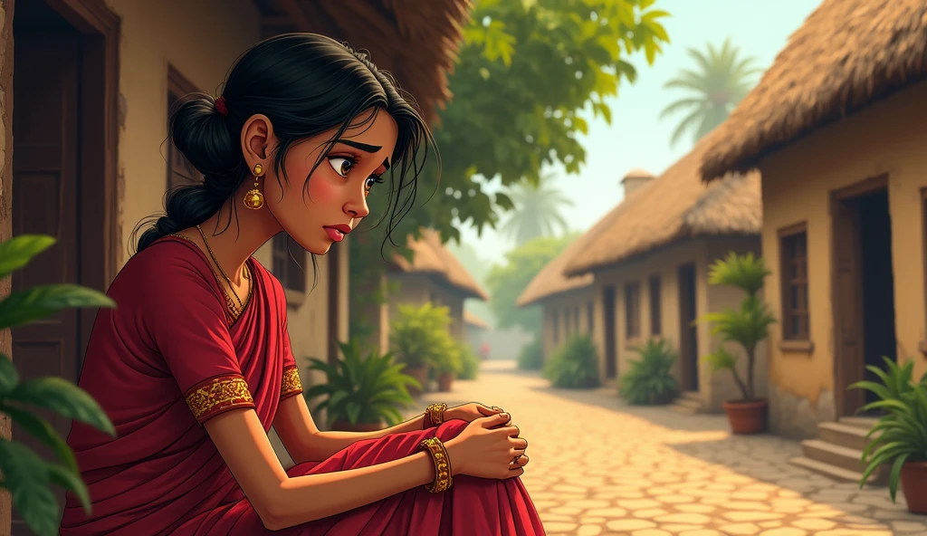 In cinematic 2d hd cartoon style indian village ramus wife sad home sitting cyaring