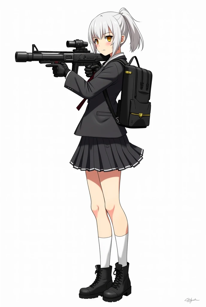Tall-height anime girl, short white ponytail tail hair, yellow eye, aiming a futuristic Light machine gun, wearing a black school uniform, short skirt, long white socks, cute black backpack, tactical gloves, tactical boots. Manga art style with white background