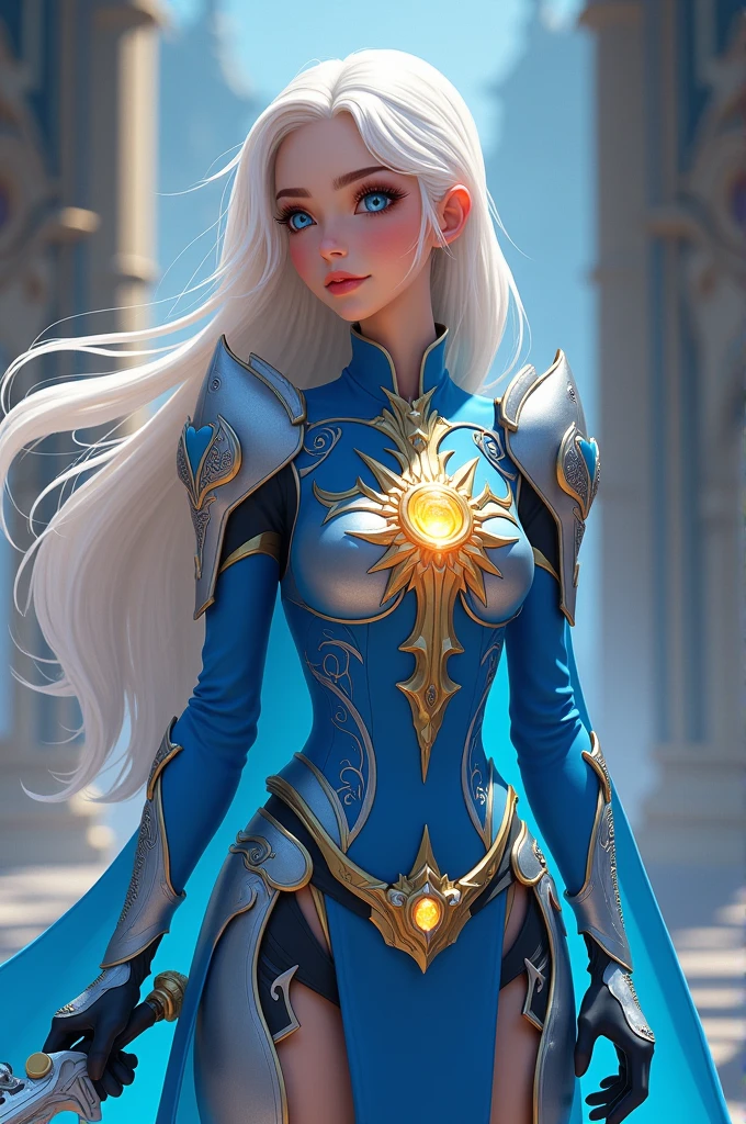 Draw a beautiful young woman of about eighteen years old with an animated theme, one meter and sixty centimeters, White skin, by rubio, blue eyes, dressed in a blue and silver magic knight costume with a sun symbol on her chest and a sword at her side.