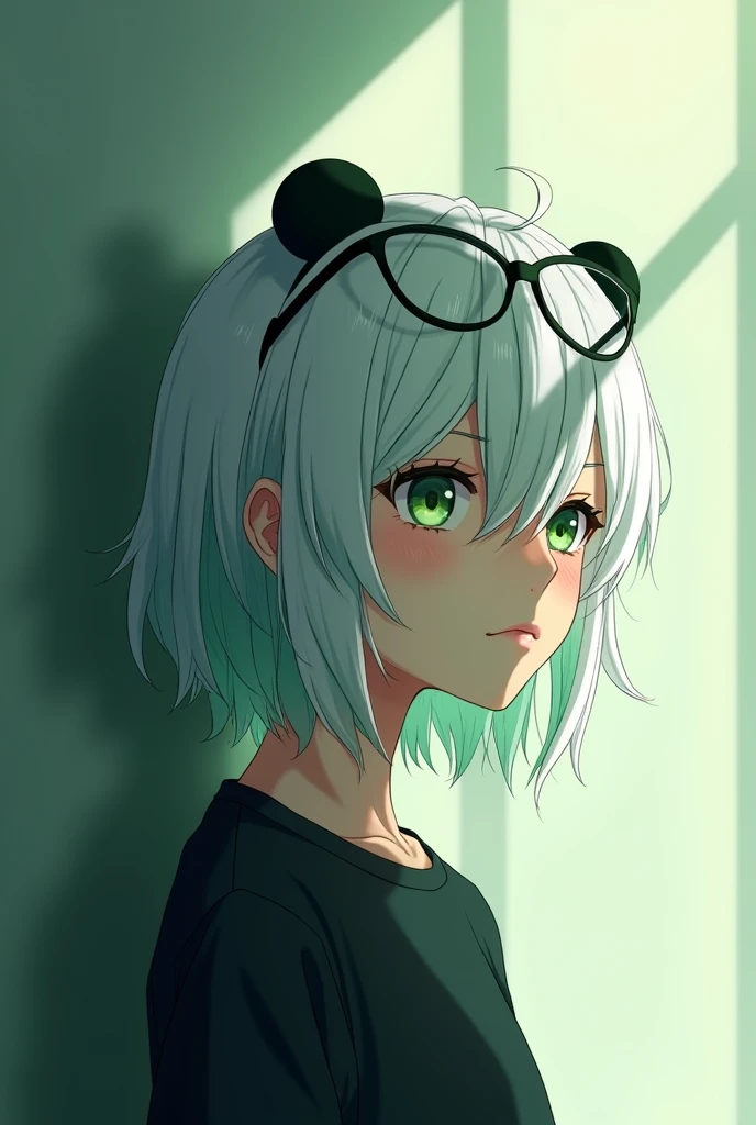 alone, (((masterpiece, Highest quality))) ,  (From the side:0.95), Shadow_Lee, Li Dusha, Panda_ear, 前hair, just_shoulder, green_eye, Glasses_upon_head, hair_between_eye, lupong_hair,  sunglasses, very_lupong_hair, One person, [white hair, streaked hair, green hair],