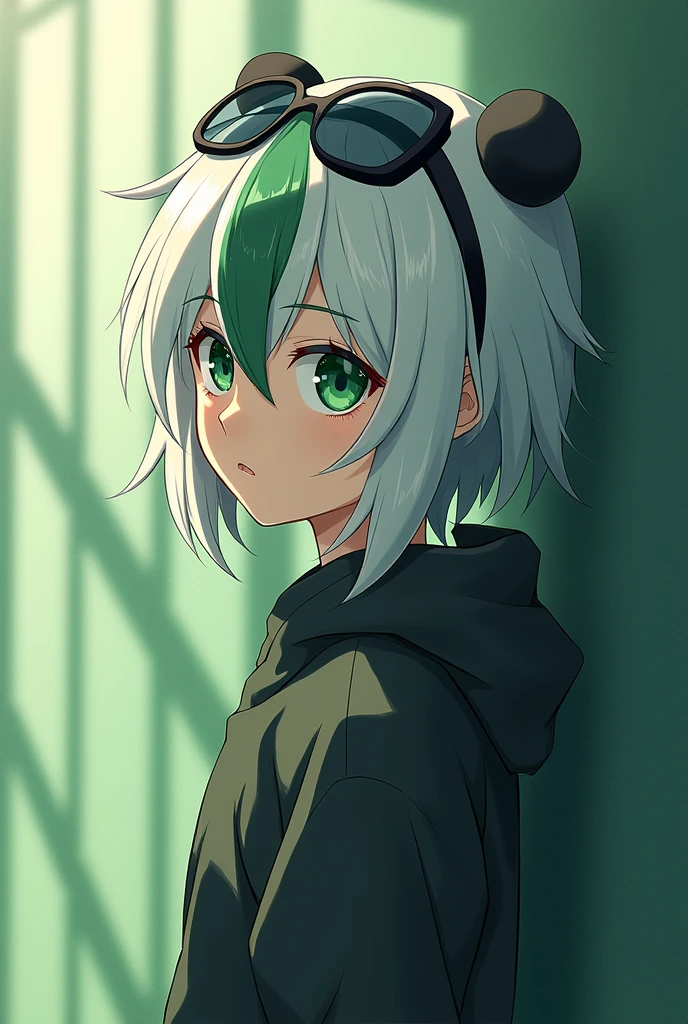 alone, (((masterpiece, Highest quality))) ,  (From the side:0.95), Shadow_Lee, Li Dusha, Panda_ear, 前hair, just_shoulder, green_eye, Glasses_upon_head, hair_between_eye, lupong_hair,  sunglasses, very_lupong_hair, One person, [white hair, streaked hair, green hair],