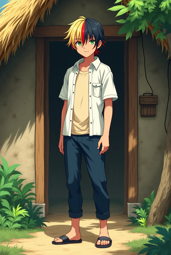 a 16-years-old fantasy anime handsome boy with short and tidy "some blonde and some black hair with a little much red hair" mixed . Shiny green eyes that have red halo around the pupils. White shirt with gray short sleeves and black edges, cream colored t-shirt underneath. The buttons are closed. Standing in front of the door of a house with straw walls and a hay roof. Among the greens and a single big tree facing. Old navy pants and old brown sandals. a strong exerciser and tall body that looks a little hot . looking at you seriously in a simple pose