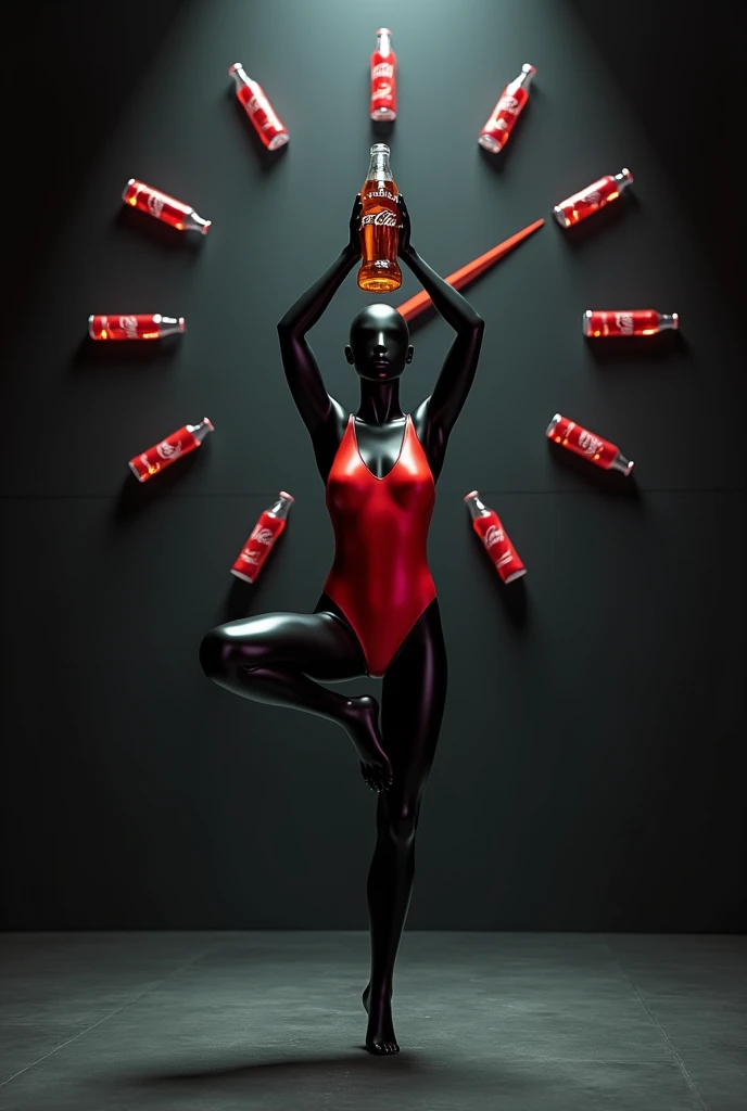shop window with a black mannequin in a red swimsuit holding a coca cola in a floating yoga position, in the middle of a clock whose hands are coca cola bottles, on a dark background and highlighted in the middle