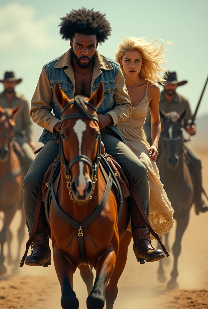 Edit a photo depicting a young black man, Afro-descendant with black power style hair, running away with a girl, blonde and blue eyes, on a white horse and being watched by brave men armed with rifles, in a situation of danger