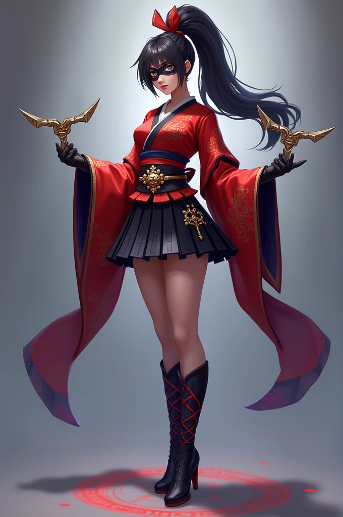 Hanabi character from the game mobile legends, The character is dressed in stylized ninja armor, predominantly red and black. She wears a short kimono with gold details, which is tied with a belt at the waist. The sleeves of the kimono are wide and decorated with traditional Japanese patterns. She wears a mask that partially covers her face, leaving her eyes exposed. In her hands, she holds shurikens, and her legs are covered by high ninja-style boots. The outfit includes some touches of blue and purple at the edges, and her long black hair is tied in a high ponytail, complemented by a red ribbon.