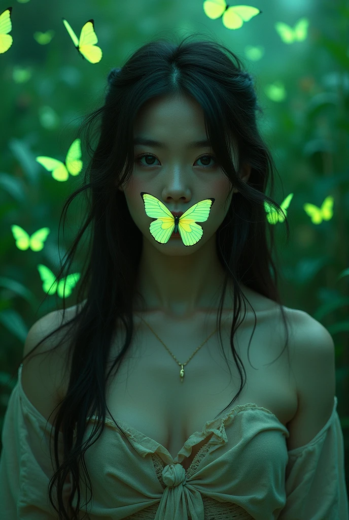HD Photography，Real People，Beautiful Asian girl，She has long fluffy hair, Messy hair，There&#39;s a butterfly on my lips. She was wearing a white baggy tattered sweater，There are wounds on the body，vegetation，Lush，, Fluorescent green color scheme, Soft shadows, close up, Minimalism, Soft colors, Swarms of glowing butterflies，The Art of Death