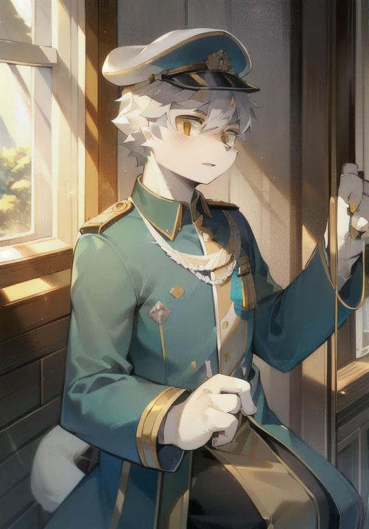 White male cat,boys,Handsome,Silver Hair,Detailed background,,Golden Eyes,military uniform,Wearing a lot of medals,serious,Upright,Wearing a military cap,With a saber