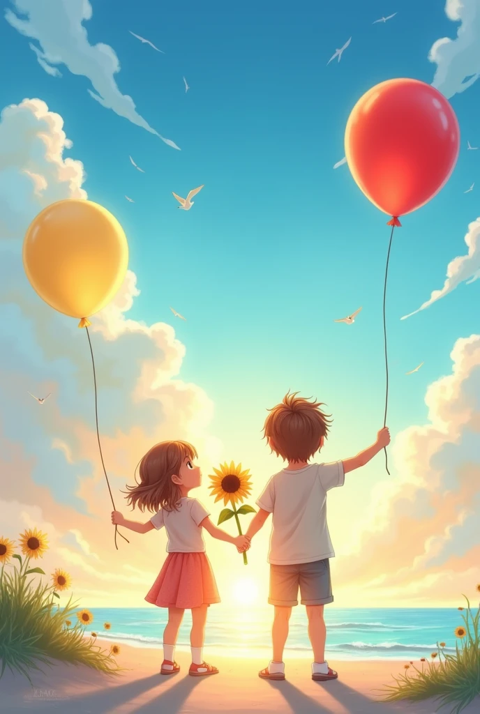The open sky, birds flying. A red balloon enters the frame, followed by boy then a yellow balloon, followed by girl. They are at the beach, watching the sunset, holding sunflowers.
Draw this scene