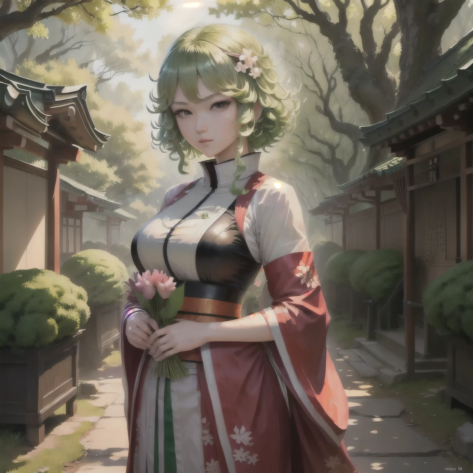 Shrine maiden、 Tatsumaki from one punch man, with green curly hair, Very detailed fan art, Highly detailed art gems, Non-Dual God of Spring, The forested street behind her, High quality fan art, shrine