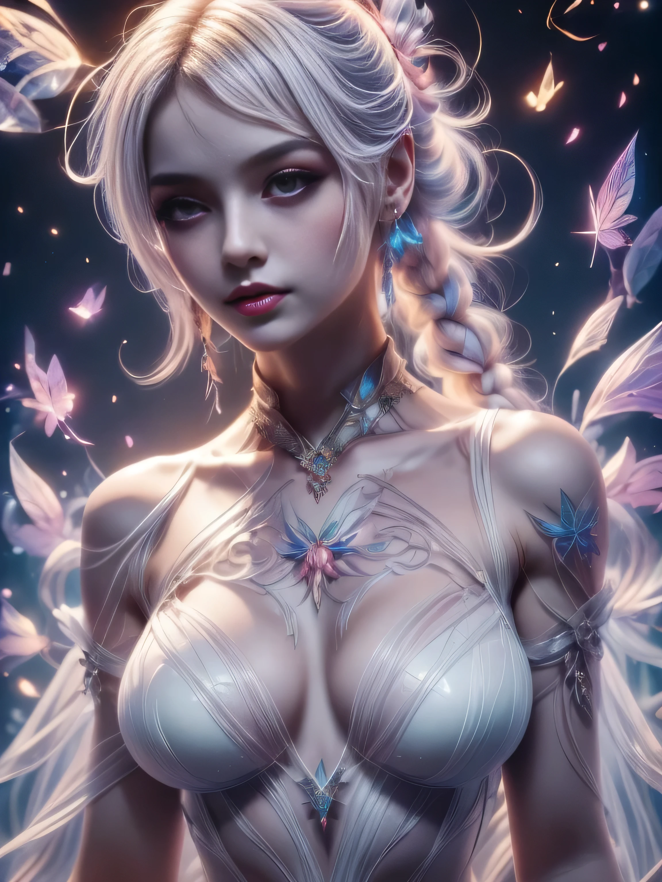 (Best Quality, 8K, Masterpiece, HDR, Soft Light, Picture Perfect, Realistic, Vivid), Full body photography of Goddes, (Clear Focus: 1.5), (Reality: 1.4), There is a naked goddess of darkness lying on a luxurious bed, she has a beautiful face, long pink hair, silver eyes, smoky makeup and black lipstick, on her body is a thin transparent layer that is covered with tattoos, she has a seductive look and she lies in a seductive pose, an aura of dark smoke surrounds her, (ultra high-quality fantasy art, dark fantasy style, masterpiece, ultra high-quality character design, 8k quality anime art, realistic anime art, high-quality wallpaper illustrations, detailed ultra-high-quality accurate face, high-quality design and accurate physics), (Accurate simulation of the interaction of light and materials)], [High-quality hair detail [More about the beautiful and shiny pink hair]], (Beautiful detailed hands [perfect fingers [perfect nails]]], (perfect anatomy (perfect proportions)))) [[Full-length]], [Perfect color combination (Accurate imitation of the interaction of light and material)], [art that conveys the meaning of the story]
