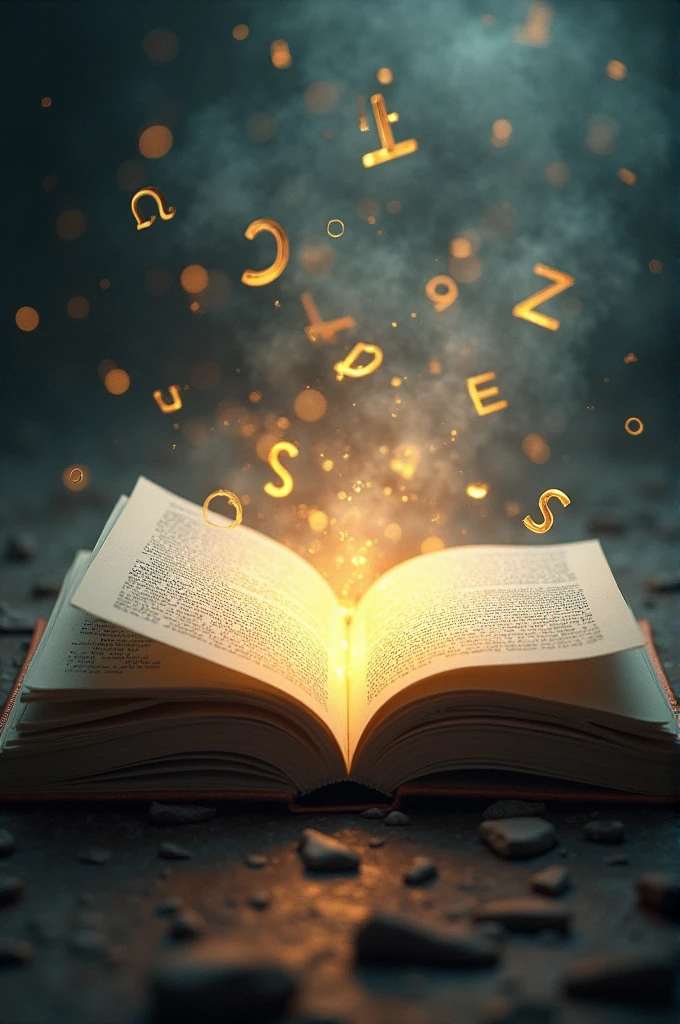 There is an open book, letters are going out of the book with soul