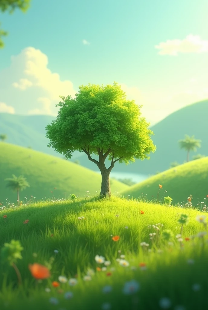 Create a animation of small tree and grass in a green land 
