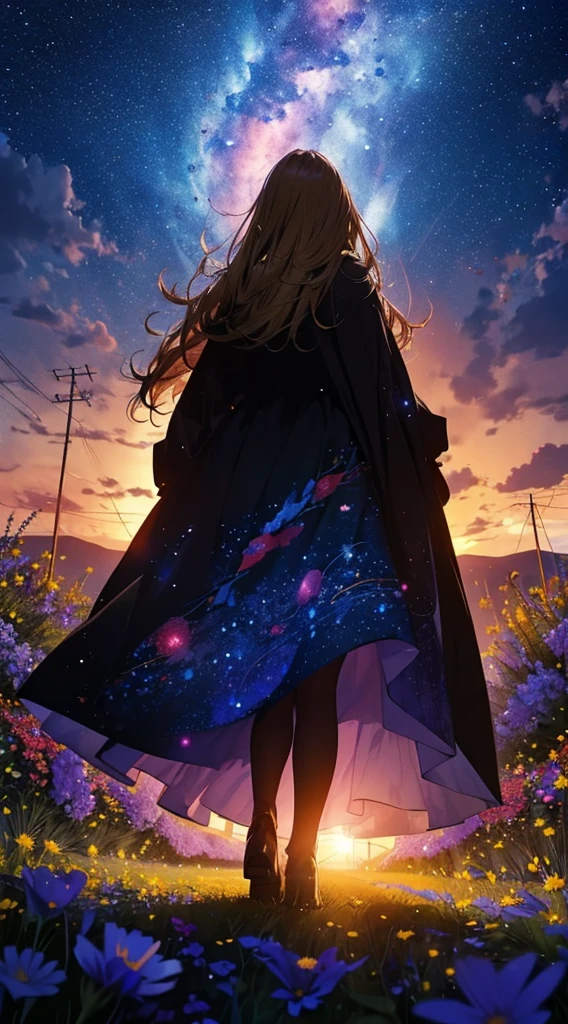 1people々々々々々々々々々々々々,Blonde long-haired woman,Long coat, Dress Silhouette, Rear View,Space Sky, Flower Field,Colorful flowers