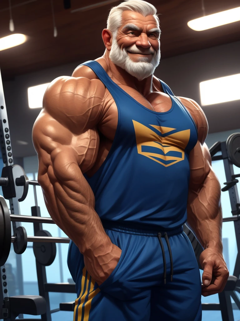 a muscular old man with a beard, no mustache, wearing a tank top, standing in gym, smile, (best quality,4k,8k,highres,masterpiece:1.2),ultra-detailed,,detailed wrinkles,detailed facial features,detailed texture, half body, halfbody