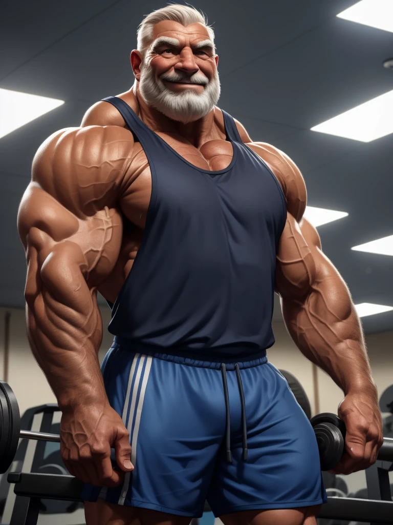a muscular old man with a beard, no mustache, wearing a tank top, standing in gym, smile, (best quality,4k,8k,highres,masterpiece:1.2),ultra-detailed,,detailed wrinkles,detailed facial features,detailed texture, half body, halfbody