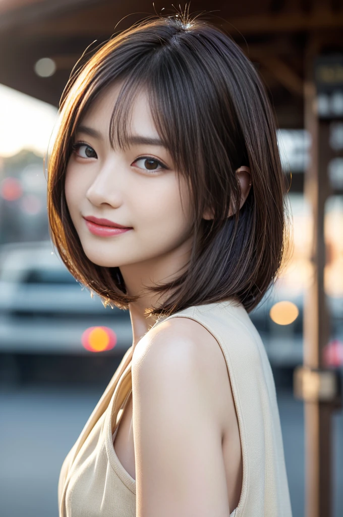 Tabletop, Highest quality, Realistic, Very detailed, finely, High resolution, 8k wallpaper, Cinema Lighting、1 person、Beautiful Japanese Women、30 years old、light brown straight bob hair, Wear a business suit, (Blurred Background、Station platform、noon、Light of the sun)、Sharp focus, Perfect dynamic composition, Narrow eyes:1.5, finelyて美しい目, Thin Hair, Detailed and Realistic skin texture, (Smile:1.3), (Tilt your head), Close-up portrait, Model body type