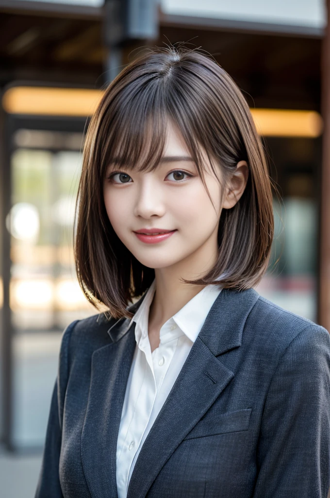 Tabletop, Highest quality, Realistic, Very detailed, finely, High resolution, 8k wallpaper, Cinema Lighting、1 person、Beautiful Japanese Women、30 years old、light brown straight bob hair, Wear a business suit, (Blurred Background、Station platform、noon、Light of the sun)、Sharp focus, Perfect dynamic composition, Narrow eyes:1.5, finelyて美しい目, Thin Hair, Detailed and Realistic skin texture, (Smile:1.3), (Tilt your head), Close-up portrait, Model body type