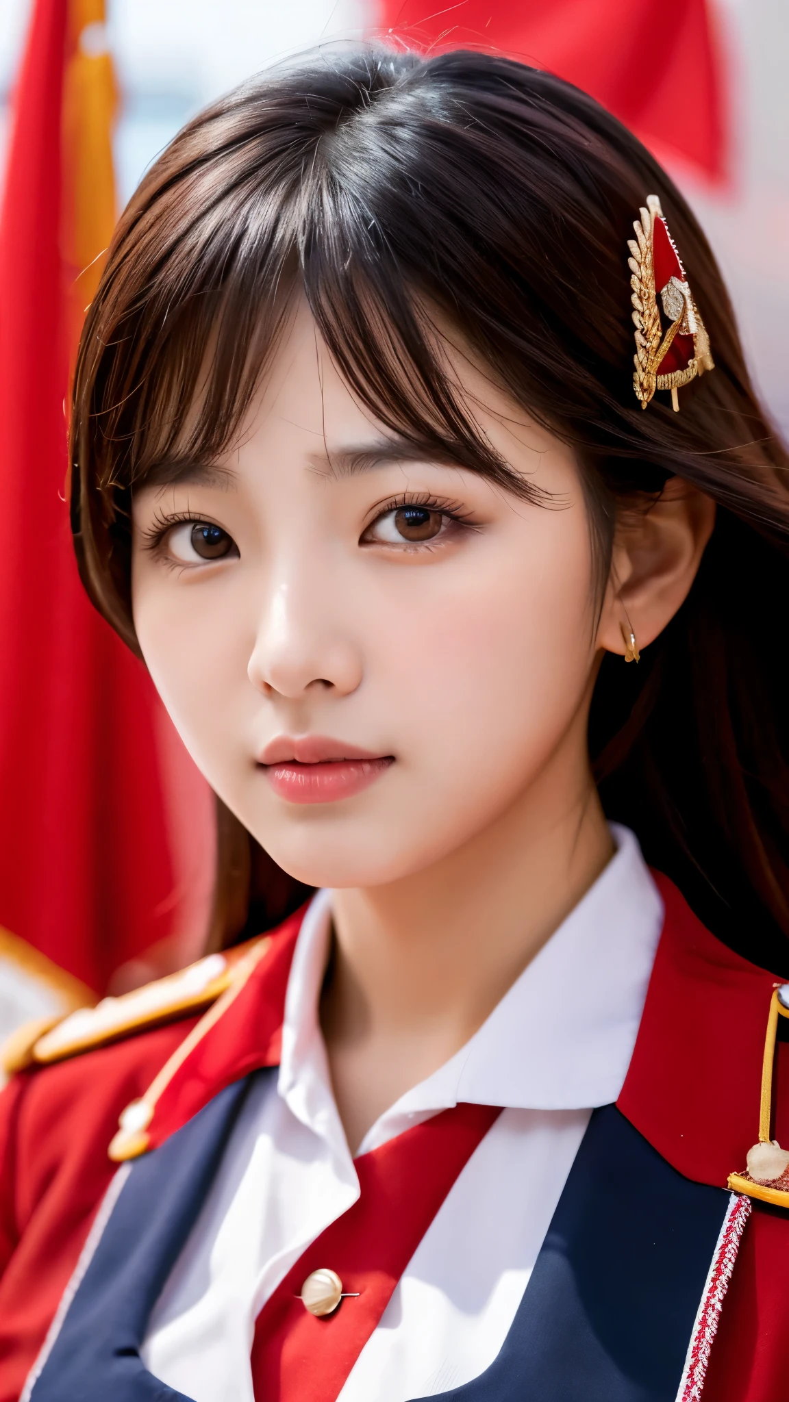 extreme close-up of beautiful beautiful korean female, 34 inch breasts size, wearing red police uniform,  bokeh background ,UHD