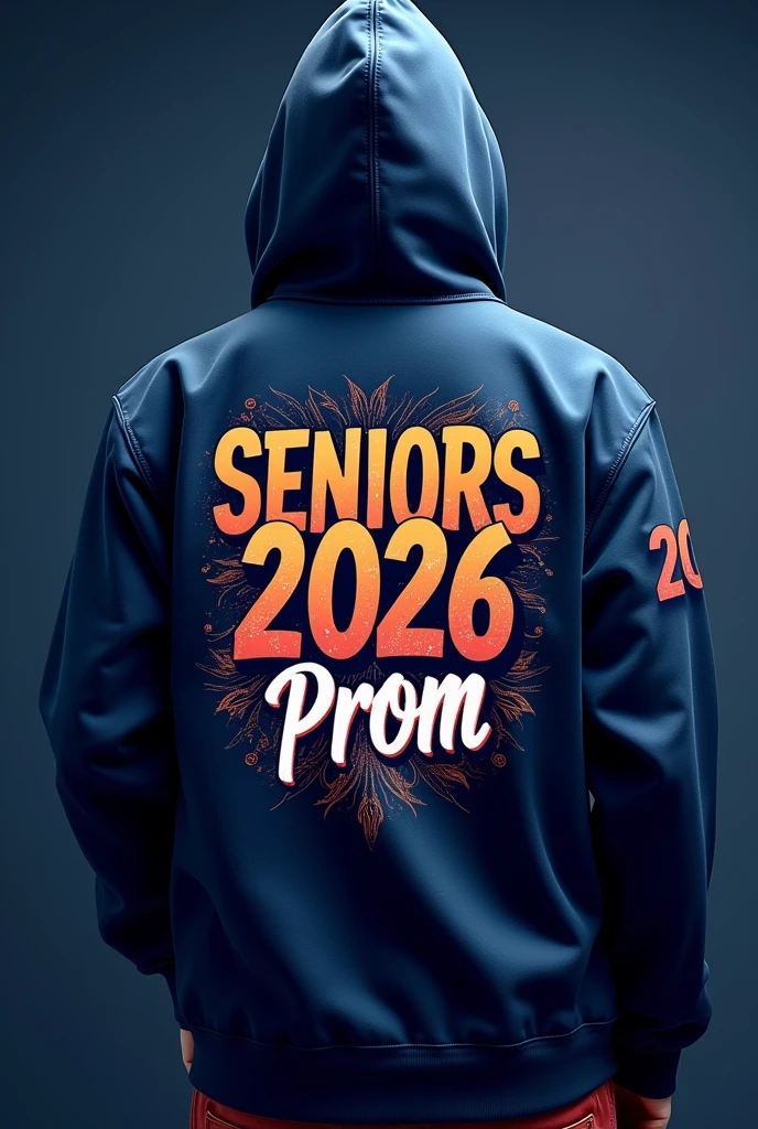 make a school promotion hoodie, of the year two thousand twenty-six, que el color principal sea azul marino and la tipografia de la letra sea tipo graffiti, what say "seniors 2026" and "prom". show it from the back MODERN AND UPDATED WITH A MUSICAL TOUR STYLE 