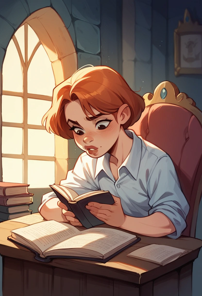 with long, white copper hair, thick lips. Sitting at a white table, reading a book. And in the background on the wall a drawing of the Disney castle