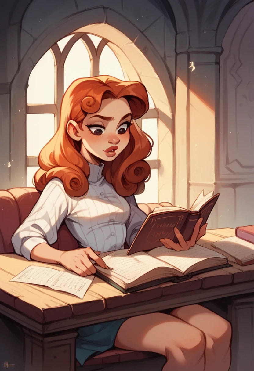 with long, white copper hair, thick lips. Sitting at a white table, reading a book. And in the background on the wall a drawing of the Disney castle