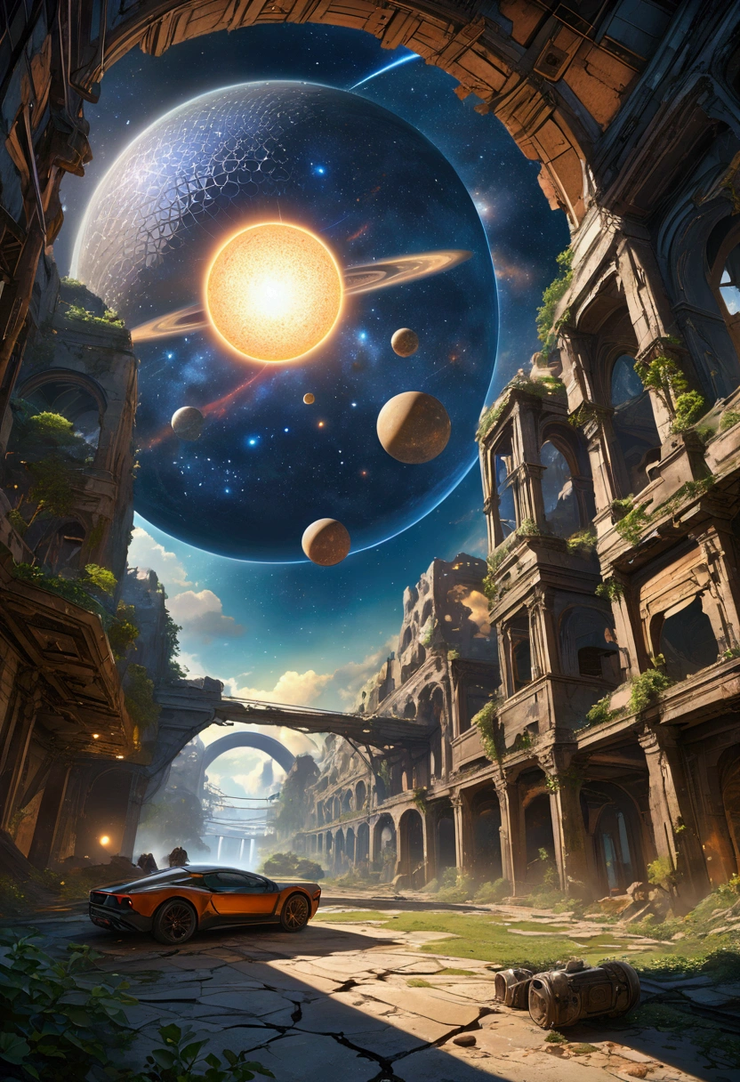score_9, score_8_upper, score_7_upper,(masterpiece, Highest quality, Highest quality, Official Art, beautifull, beautiful:1.2,Ray Tracing)Very detailed, Most detailed, High resolution, Impressive visuals, Vibrant colors ,Detailed Images,(((City Ruins))),Large-scale structures in space,sf,Escape from the system,galaxy,milky way,Milky Way,Black Hole,Dyson sphere
