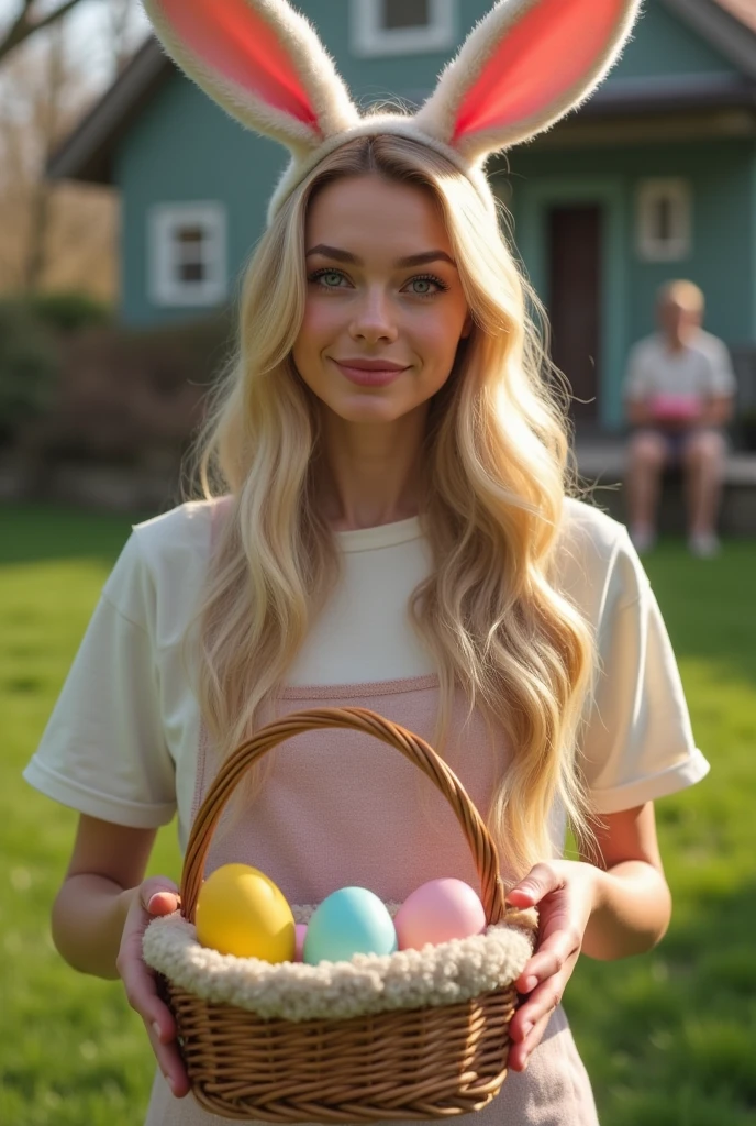 Create a realistic image of a 20 year old woman, long blonde hair, blue eyes, cheekbones, ((full body)),
 dressed in playboy outfit, holding a basket with easter eggs, in his garden, background image: his house and friends, from head to toe, full body, hyper realistic photo