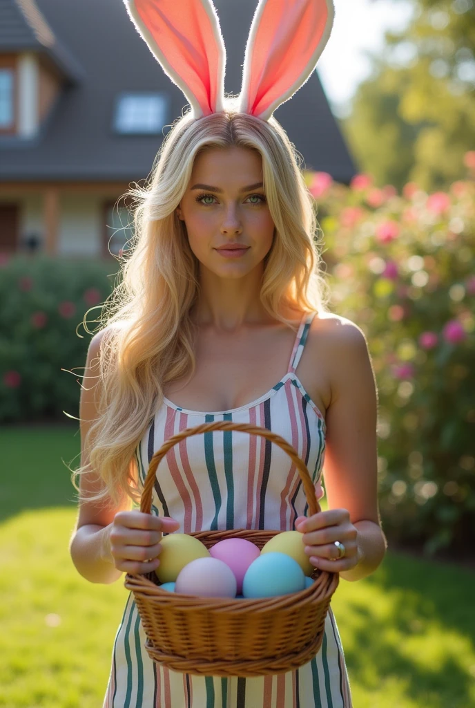 Create a realistic image of a 20 year old woman, long blonde hair, blue eyes, cheekbones, ((full body)),
dressed in playboy outfit, holding a basket with easter eggs, in his garden, background image: his house and friends, from head to toe, full body, hyper realistic photo