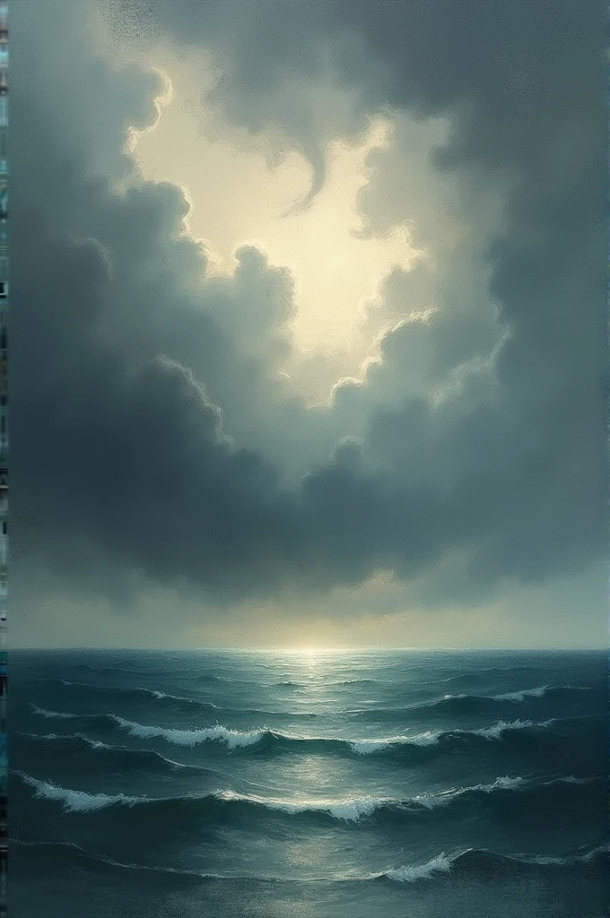 A rough oil painting of a stormy horizon
And a peaceful and calm sea