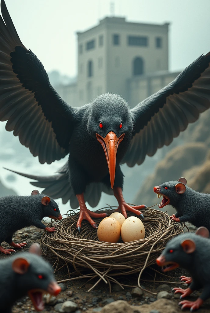 Rats attacking an alcatraz nest with 3 eggs an alcatraz defending the nest