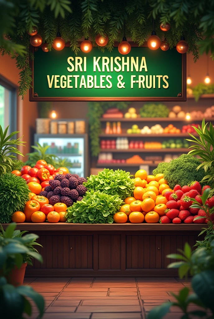 Create image of vegetables and fruits then add name on the top,sri Krishna vegetables & fruits
Create realistic image of shop