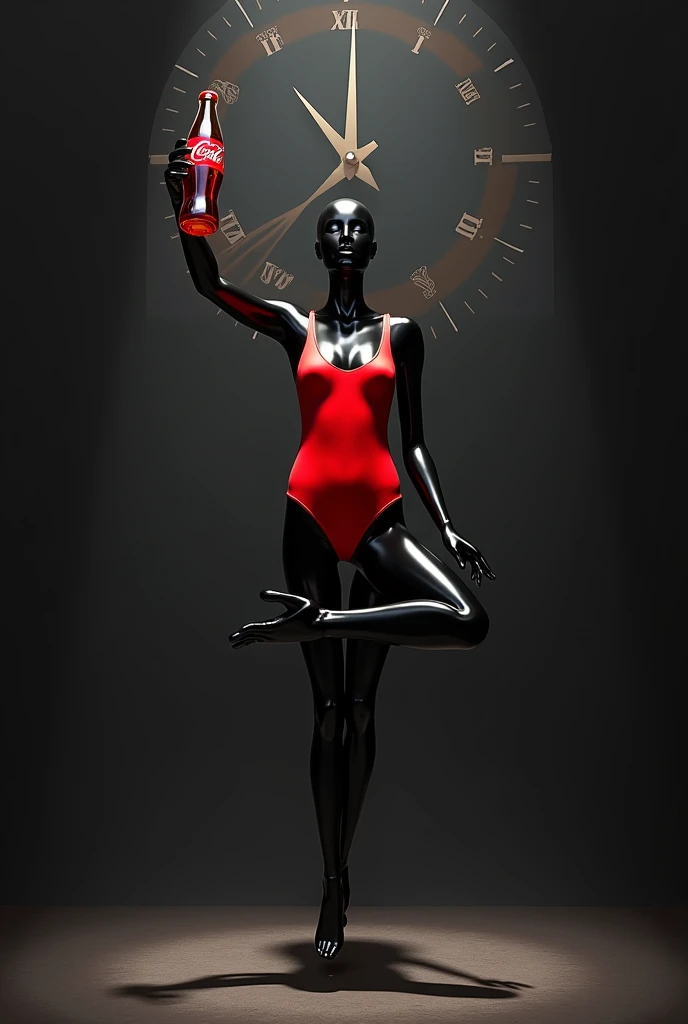 shop window with a black mannequin in a red swimsuit holding a coca cola in a floating yoga position, in the middle of a clock whose hands are coca cola bottles, on a dark background and highlighted in the middle
