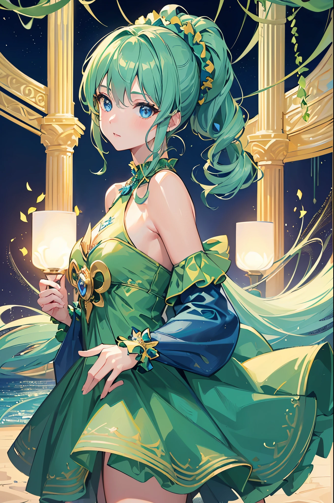 (16K,Ultra-high resolution,Highest quality,masterpiece,Super detailed,Very vivid CG),((beautiful girl with blue eyes)),((light green costume:1.3)),Light green shoulder-length ponytail,BREAK,(Blue Scrunchie：1.3),The beautiful, very clear sea of Shonan,Poseidon&#39;s Crest,Anatomically correct body,Highly detailed facial features, Beautiful and perfect face, Perfect Eyes,Yellow-green ripples,Scale emblem on arm,An island with a large forest in the distance,BREAK,(Golden Trident:1.3),BREAK,Japan,Japanese style