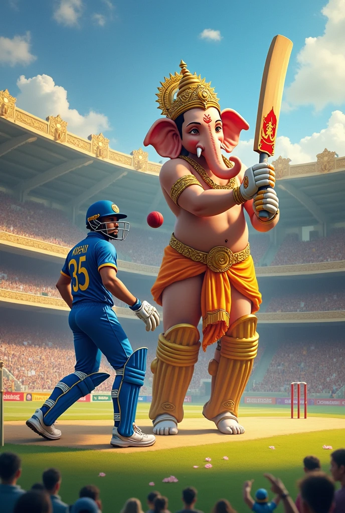 lord Ganesh and Virat Kohli playing cricket irakalgada gaja premier league text