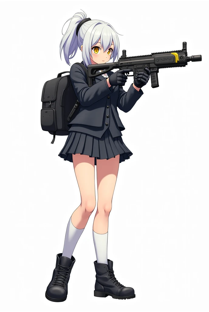 Tall-height anime girl, short white ponytail tail hair, yellow eye, aiming a futuristis sub machine gun, wearing a black school uniform, short skirt, long white socks, cute black backpack, tactical gloves, tactical boots. Manga art style with white background