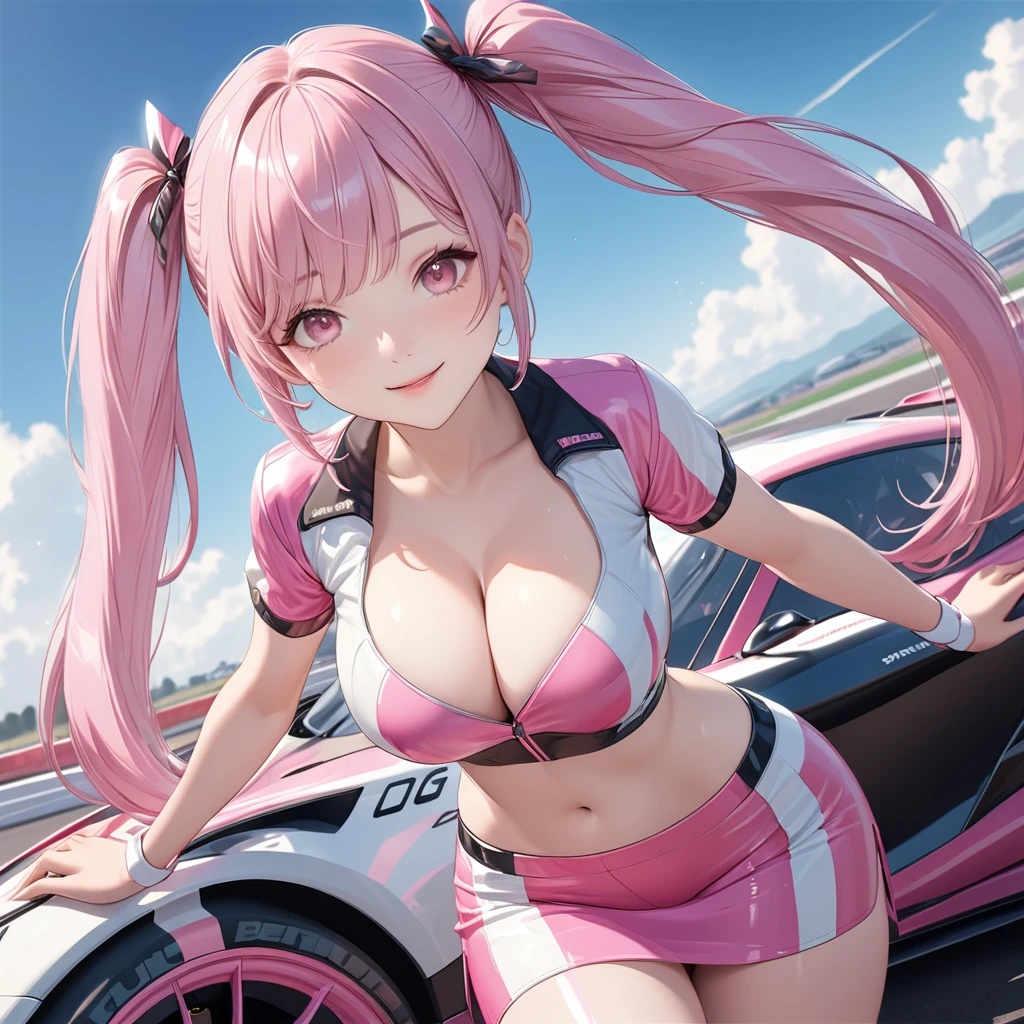 (8K, masutepiece, Best Quality, Official art, beautiful lighting, The best masterpiece in history that exceeds limits, beautiful detailed), (1 Girl, Solo), (sixteen years old), (beautiful detailed face), (shiny white skin), (Beautiful big bust, cleavage, thighs, navel:1.3), (beautiful detailed pink twin tails hair, Bangs:1.3), (beautiful detailed drooping pink eyes:1.5), (Race queen uniform, short length tight shirt, pastel pink short length tight skirt:1.3), (long boots:1.3), (happy smile:1.2), (Attractive, sensational, Look at the camera, cute pose, standing), breathtaking scenery, (ultra detailed realistic Beautiful Racing car circuit, sports car, blue sky:1.2),