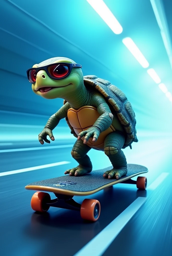 A smart turtle riding a skate board side view blue speed background  1080 * 1080 px size