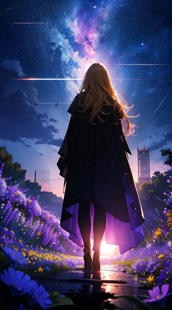 1people々々々々々々々々々々々々,Blonde long-haired woman,Long coat, Dress Silhouette, Rear View,Space Sky, Flower Field,Colorful flowers