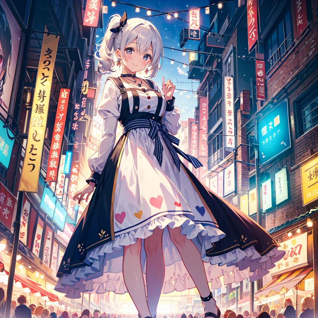 1girl, , in Wonderland, large breast, earrings, necklace, cute face, smile, blushing, (((front view))), white rabbit, low angle, whole body, angle of view looking up from feet, festival, parade, in the city, best quality, depth of field, cinematic lighting, aesthetic, detailed face realistic, detailed clothes realistic,kawaiitech, pastel colors, kawaii, cute colors,Alice,Wonderful
