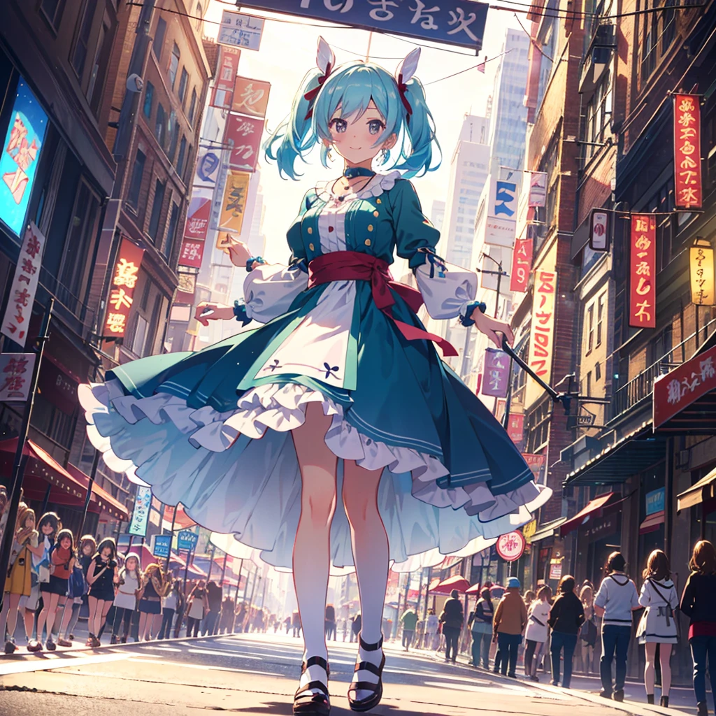 1girl, , in Wonderland, large breast, earrings, necklace, cute face, smile, blushing, (((front view))), white rabbit, low angle, whole body, angle of view looking up from feet, festival, parade, in the city, best quality, depth of field, cinematic lighting, aesthetic, detailed face realistic, detailed clothes realistic,kawaiitech, pastel colors, kawaii, cute colors,Alice,Wonderful
