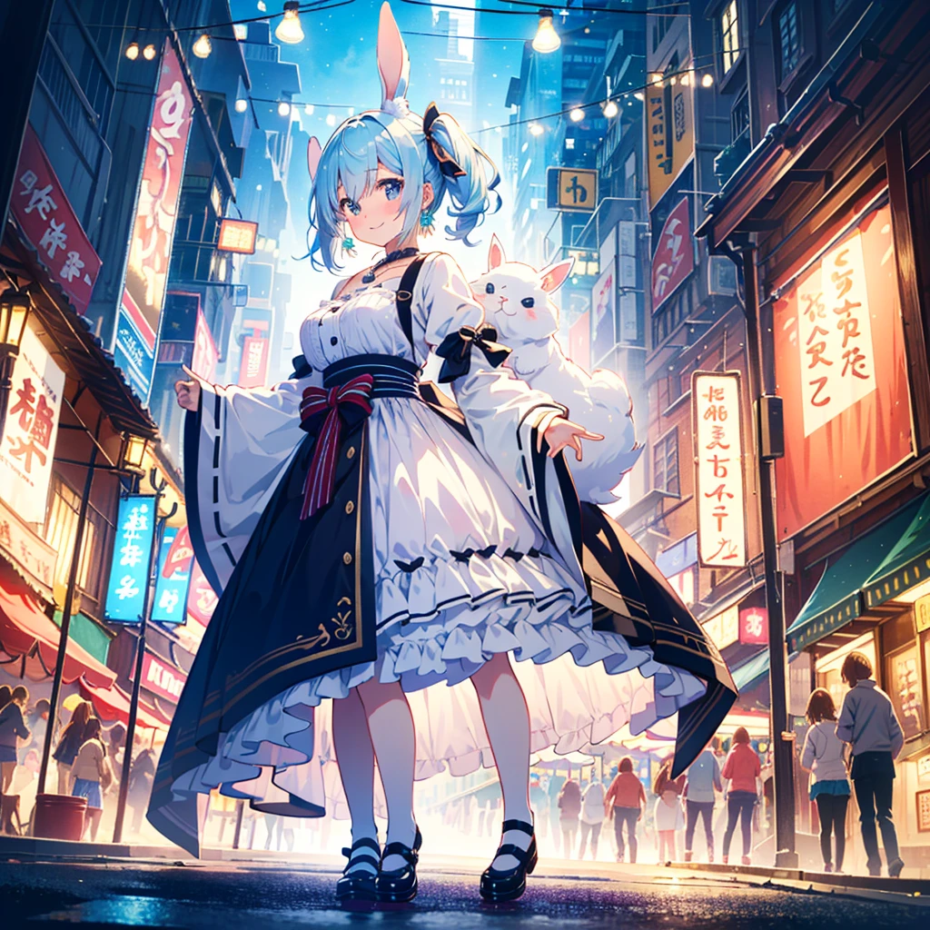 1girl, , in Wonderland, large breast, earrings, necklace, cute face, smile, blushing, (((front view))), white rabbit, low angle, whole body, angle of view looking up from feet, festival, parade, in the city, best quality, depth of field, cinematic lighting, aesthetic, detailed face realistic, detailed clothes realistic,kawaiitech, pastel colors, kawaii, cute colors,Alice,Wonderful