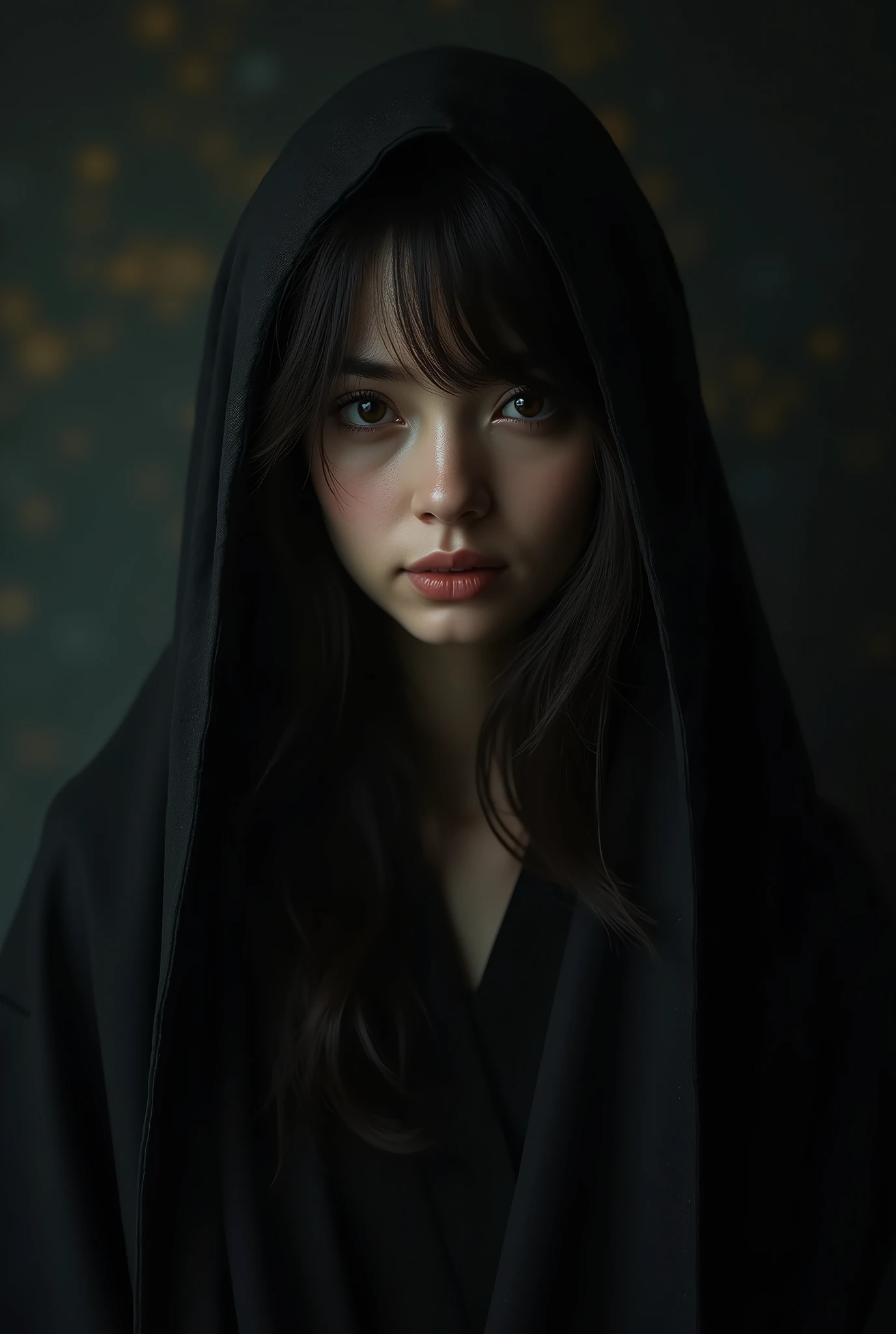 (Ultra-realistic), (figure), (Increased resolution), (8k), (Very detailed), (Best figure), (Beautiful and detailed), (Highest quality), (Super detailed), (masterpiece ), ( wallpaper), (Detailed face), alone, 1 person, View your viewers, The finer details, Detailed face, In the Dark, Deep Shadow, Modest, Pure Erotic Face Ace_v1, smile, Long Hair, Black shawl Straight hair , 46 point diagonal bangs