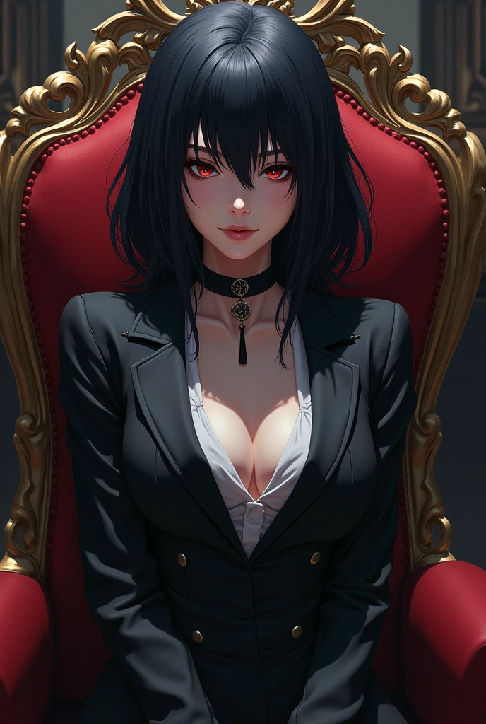 girl assassin icon sitting on chair like a queen cool with bangs half body portrait anime