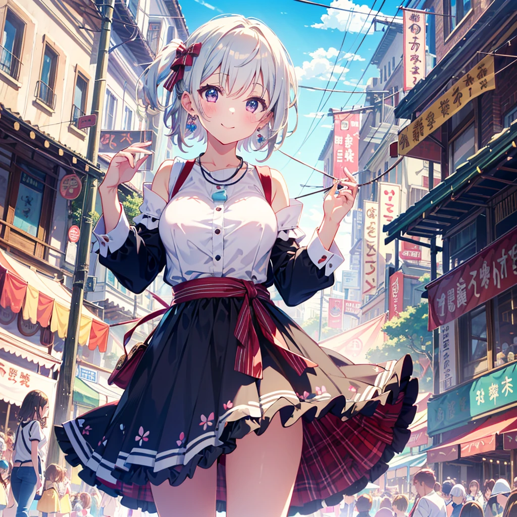 1girl, , in Wonderland, large breast, earrings, necklace, cute face, smile, blushing, (((front view))), white rabbit, low angle, whole body, angle of view looking up from feet, festival, parade, in the city, best quality, depth of field, cinematic lighting, aesthetic, detailed face realistic, detailed clothes realistic,kawaiitech, pastel colors, kawaii, cute colors,Alice,Wonderful
