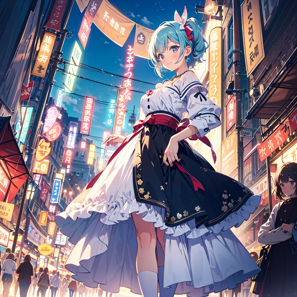 1girl, , in Wonderland, large breast, earrings, necklace, cute face, smile, blushing, (((front view))), white rabbit, low angle, whole body, angle of view looking up from feet, festival, parade, in the city, best quality, depth of field, cinematic lighting, aesthetic, detailed face realistic, detailed clothes realistic,kawaiitech, pastel colors, kawaii, cute colors,Alice,Wonderful
